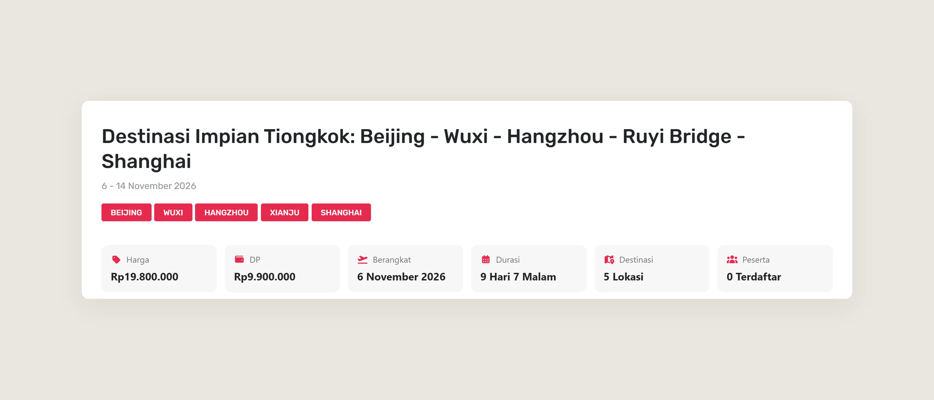 Tour page header with destinations, price, deposit, departure date and duration